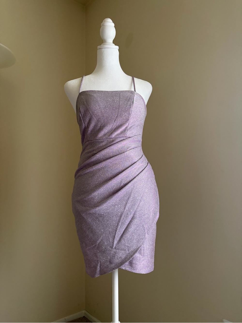 Crystal Doll Shimmery Lilac Ruched Mini Dress with Spaghetti Straps